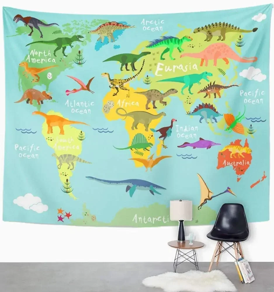 Dinosaur Map Tapestry for Kids Animal Landmarks World Map Wall Hanging