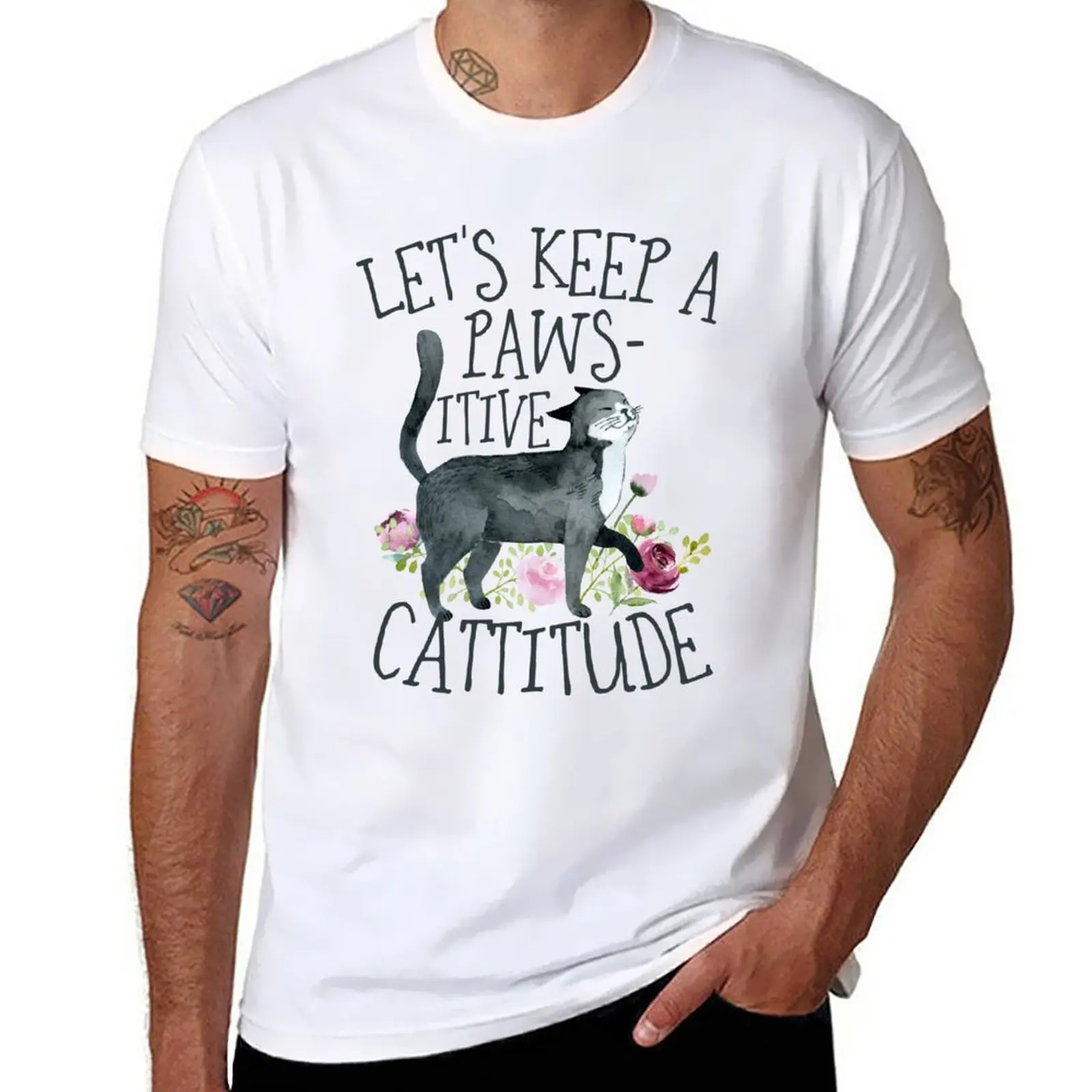 

Let's Keep a Pawsitive Cattitude T-Shirt plus size tops kawaii clothes mens graphic t-shirts hip hop