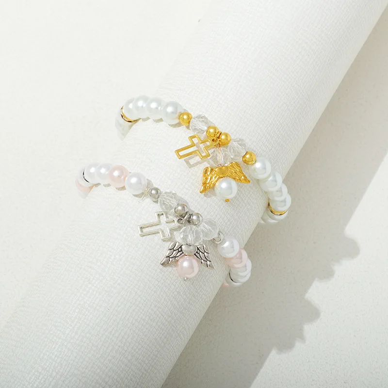 8 مللي متر تقليد اللؤلؤ الحارس الملاك تمتد سوار المجوهرات الدينية المعمودية هدية ، قابل للتعديل الصليب سحر مطاطا الخرز سلسلة #5