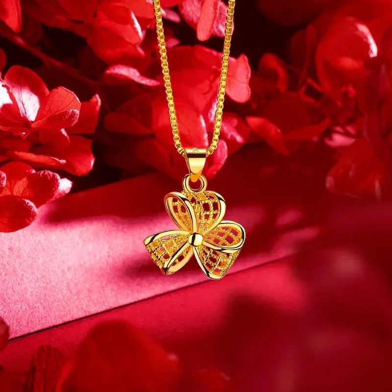 9999 real gold 24K yellow gold Women's Hollow-out Three-petal Grass Windmill Necklace