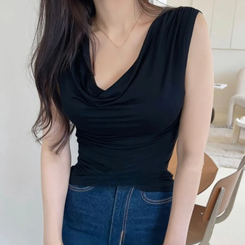 V-Neck Crop Top T Shirt Women Vest 2024 New Summer Tops Slim Sleeveless T Shirts Womens Clothing Tee Shirt Femme Camisetas Mujer
