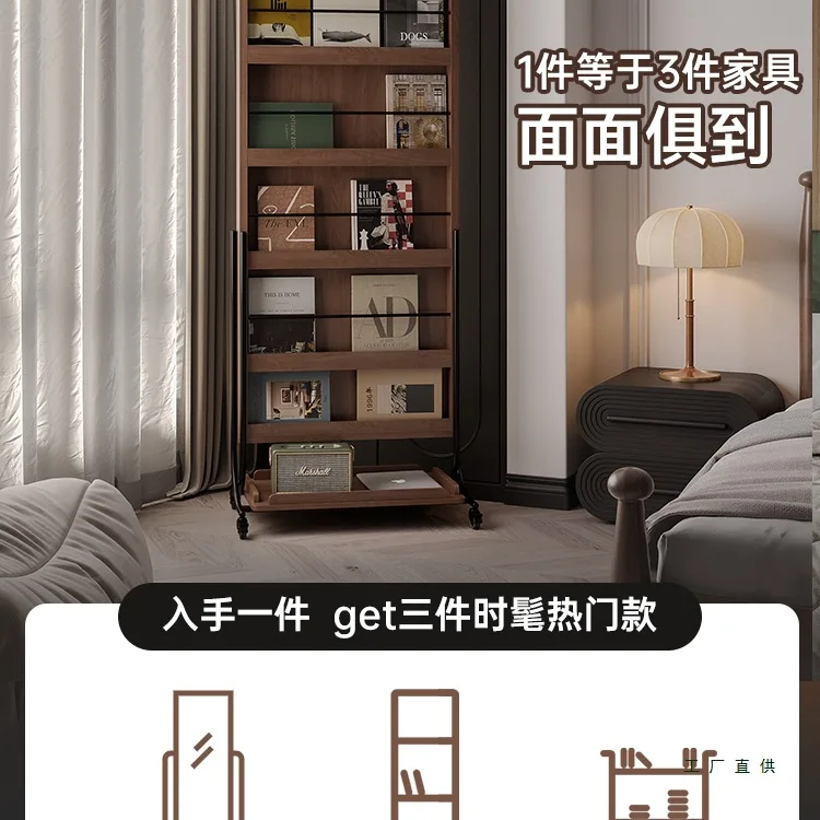 رف مجلات قابل للإزالة بطول كامل، مرآة من خشب الجوز لغرفة النوم، مرآة كاملة الطول من الأرض إلى السقف، رف تخزين للمجلات