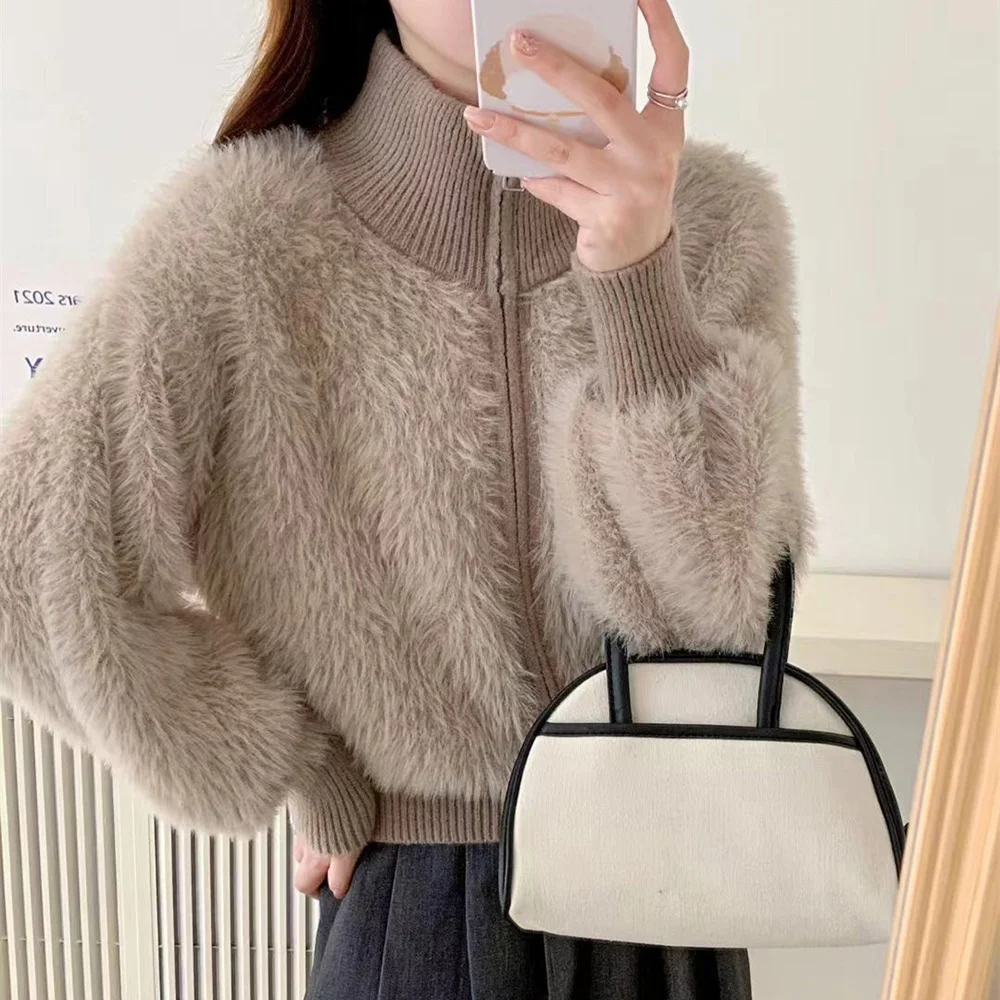 Casual Solid Women Knitted Sweater 2024 New Spring Autumn Korean Style Stand Collar Plush Warm Cardigan Versatile Outwear