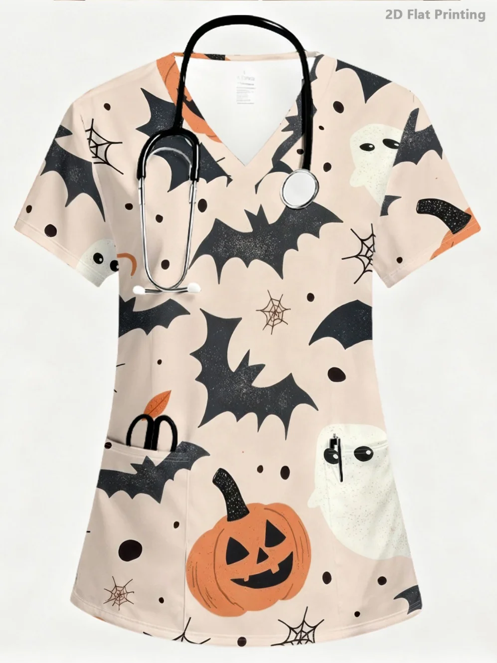 Women's Hospital Uniform Halloween Cartoon Print Dental Nurse Tops V-Neck Short Sleeve with Pocket Tee Medical Uniform for Women