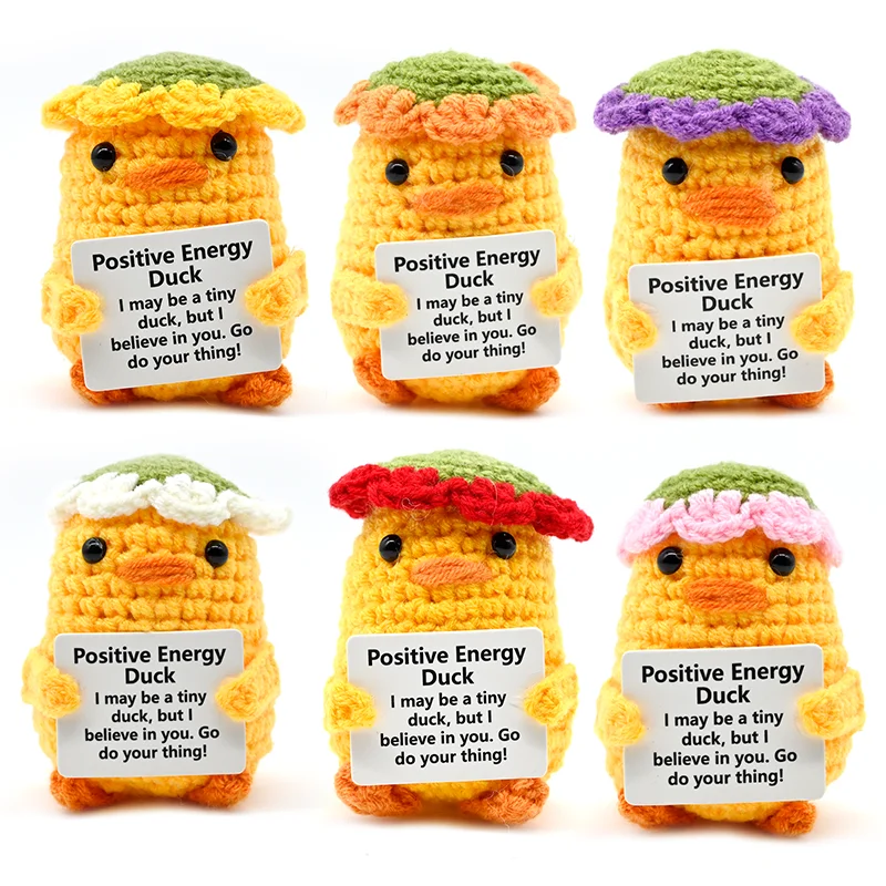 AnimalSeries Poupée en crochet Canard Mignon à l'énergie positive, Ornements décoratifs tricotés à la main avec carte d'encouragement, Mini décoration de bureau, Cadeau