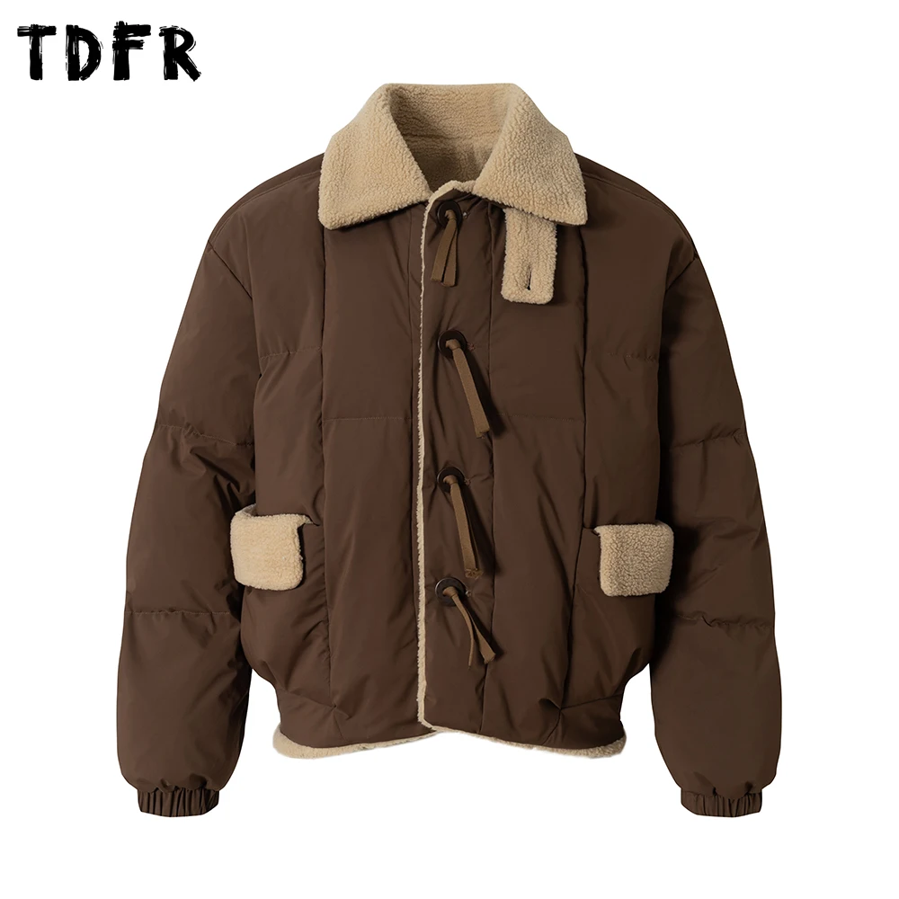 

Sherpa Spliced Down Jacket Mens Retro Casual Winter Thick Warm Loose Single Breasted Long Sleeve Bread Jacket Man