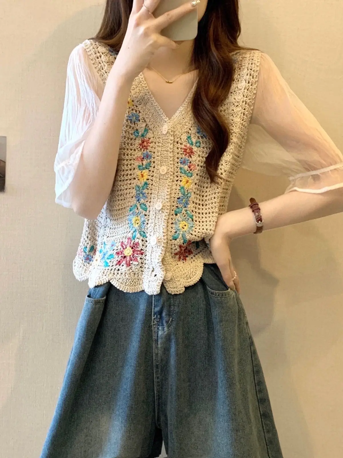 Korean Fashion Crochet Knit Top with Chiffon Sleeve V-neck Women Blouse Cardigan Floral Embroidery Ins Trend Vintage Top