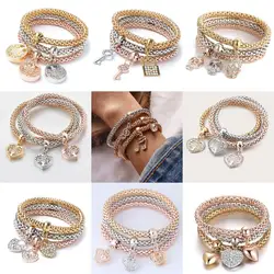 3-Color Women's Fashion Elastic Corn Chain Heart Pendant Bracelet Set, Suitable for Date, Travel, Party, Festival Dress Gifts