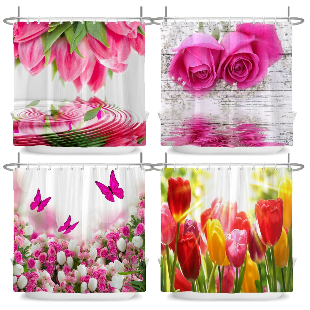 

Beautiful Tulip Rose Flowers Shower Curtain Bathroom Curtains Nature Flower Waterproof Polyeste Fabric Bathtub Decor With Hook