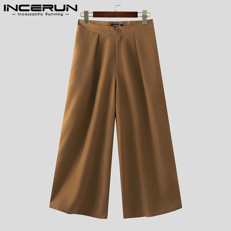 INCERUN Men Wide Leg Pants Solid Color Button Joggers Loose Casual Trousers Men Pleated Streetwear 2024 Fashion Long Pants S-5XL