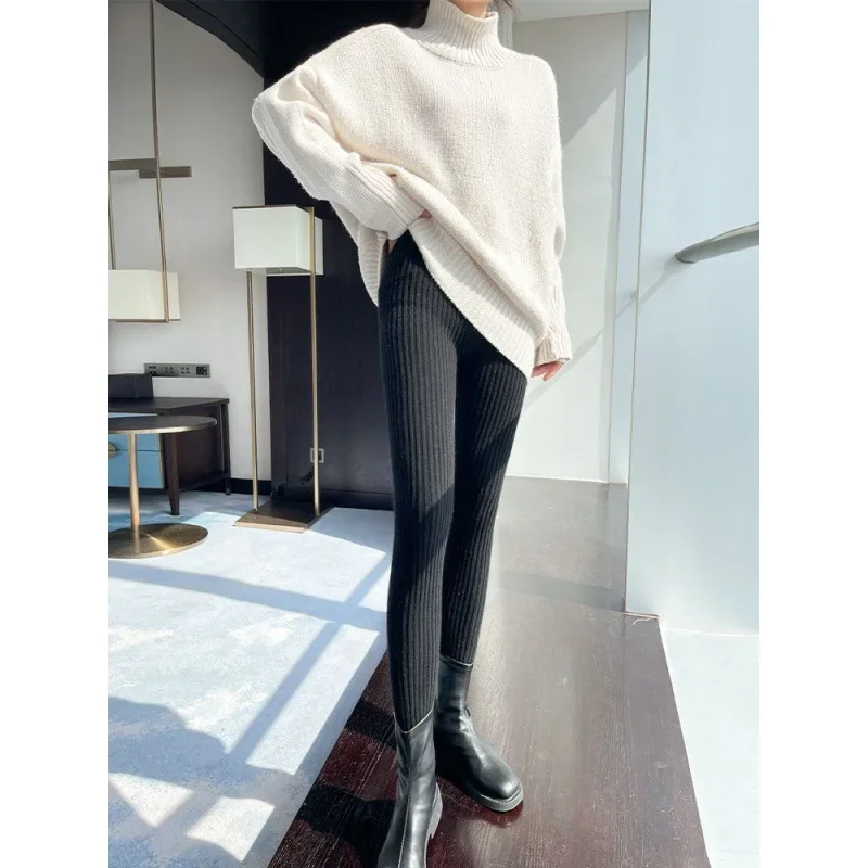 Threaded Knit Leggings Fleece Lined Ankle-length Pants Womens Casual Thin Section Leggings Trousers Hight Waist Pantalon New