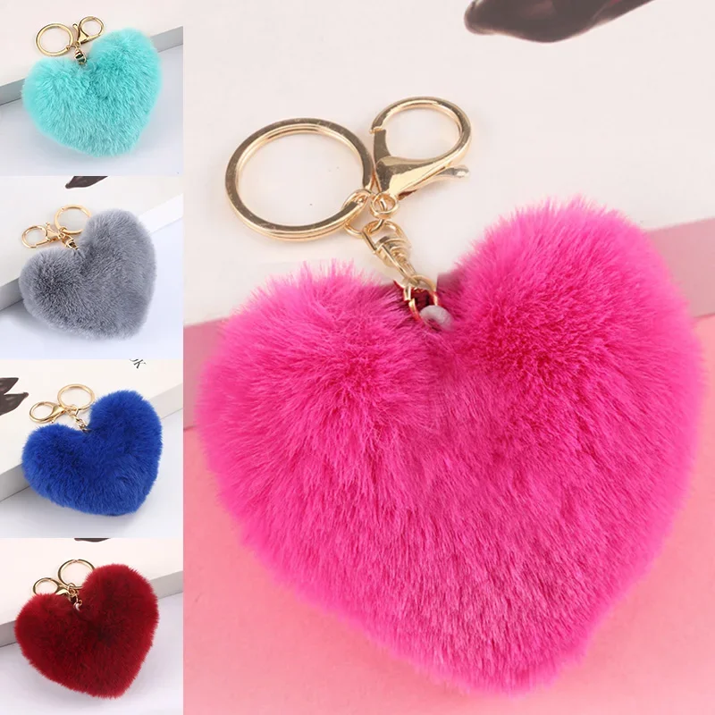 Rainbow Plush Ball Keychain Large Heart Pompom Key Chain for Women Car Bag Pendant Fashion Jewelry Fluffy Love Pompons Keyring