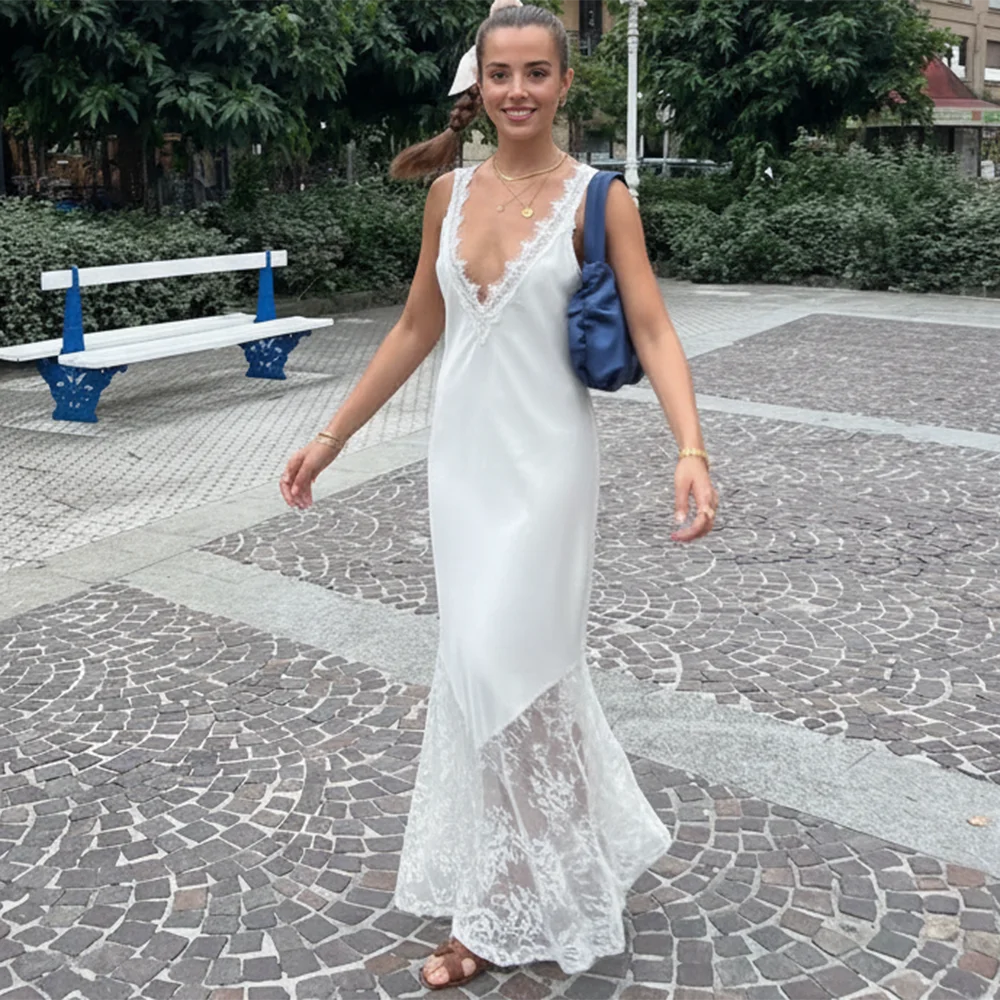 Ticketsx Sexy Lace Patchwork Dress Women V Neck See Through Sleeveless Long Dress Elegant High Street Backless Evening Dress