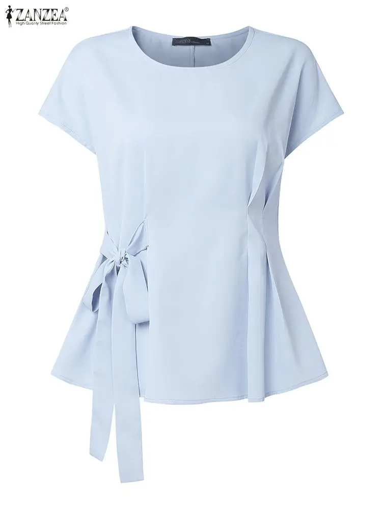 2026 ZANZEA été Blouse bureau haut pour femme élégant solide OL Chemise de travail décontracté col rond manches courtes Blusas à lacets Chemise Mujer