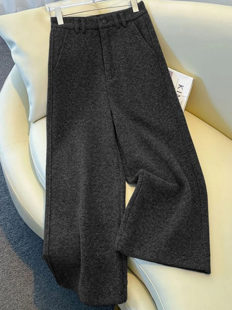 Hohe Taille Gerade Bein Woolen Breite Bein Hosen Kaffee Farbe Casual Hosen für Frauen Pendeln Sle Koreanische Version Reine Farbe