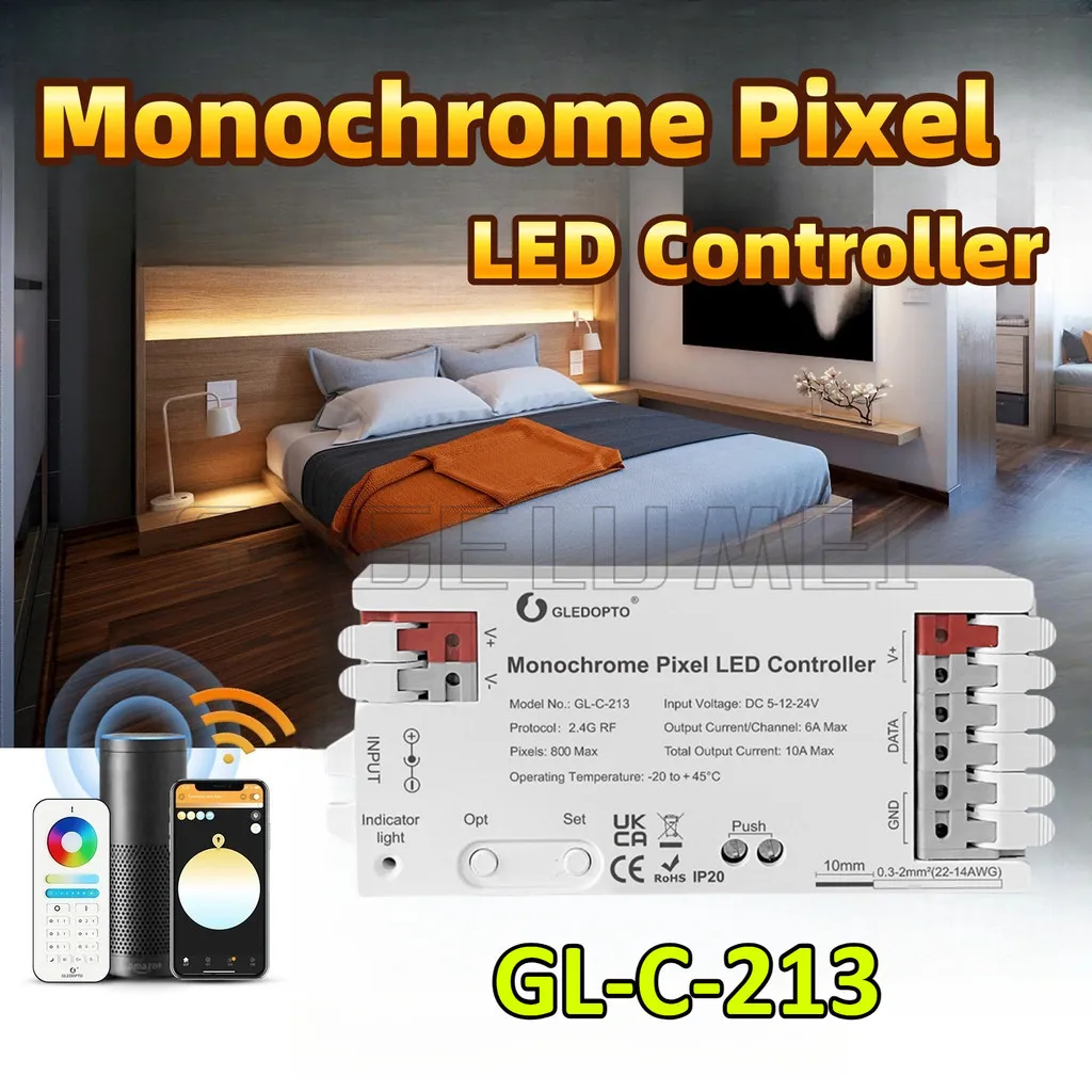 

GL-C-213 DC5-12-24V Монохромный пиксельный светодиодный контроллер 2,4G RF 6A Макс. одноцветный ШИМ с затемнением Умная светодиодная лента Alexa Tuya GLEDOPTO