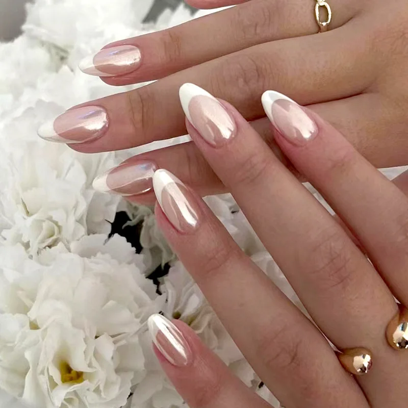 24Pcs Simple Nude Pink Solid Nail Art Set with Jelly Glue Short Oval Fake Nails Aurora Flash Almond Sweet Wearable Nail Stickers