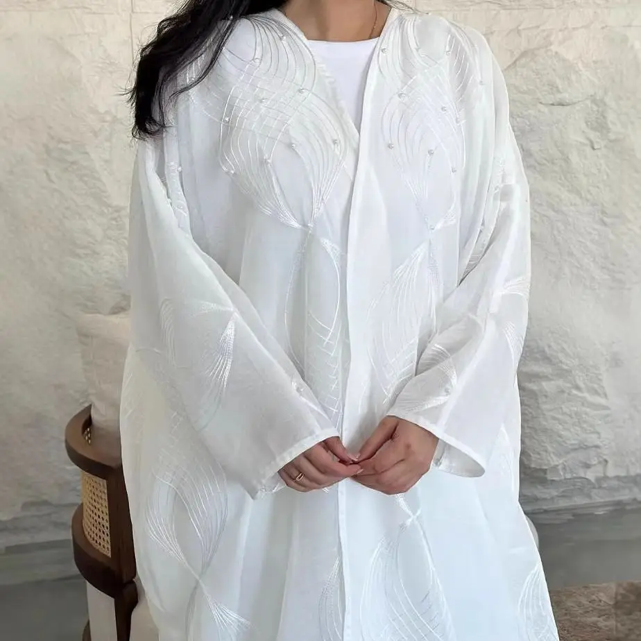 Eid 2-delige set moslim vrouwen witte kralen kimono abaya jurk dubai kaftan Turkije Kebaya islam Jalabiya kaftan Marocain femme gewaad