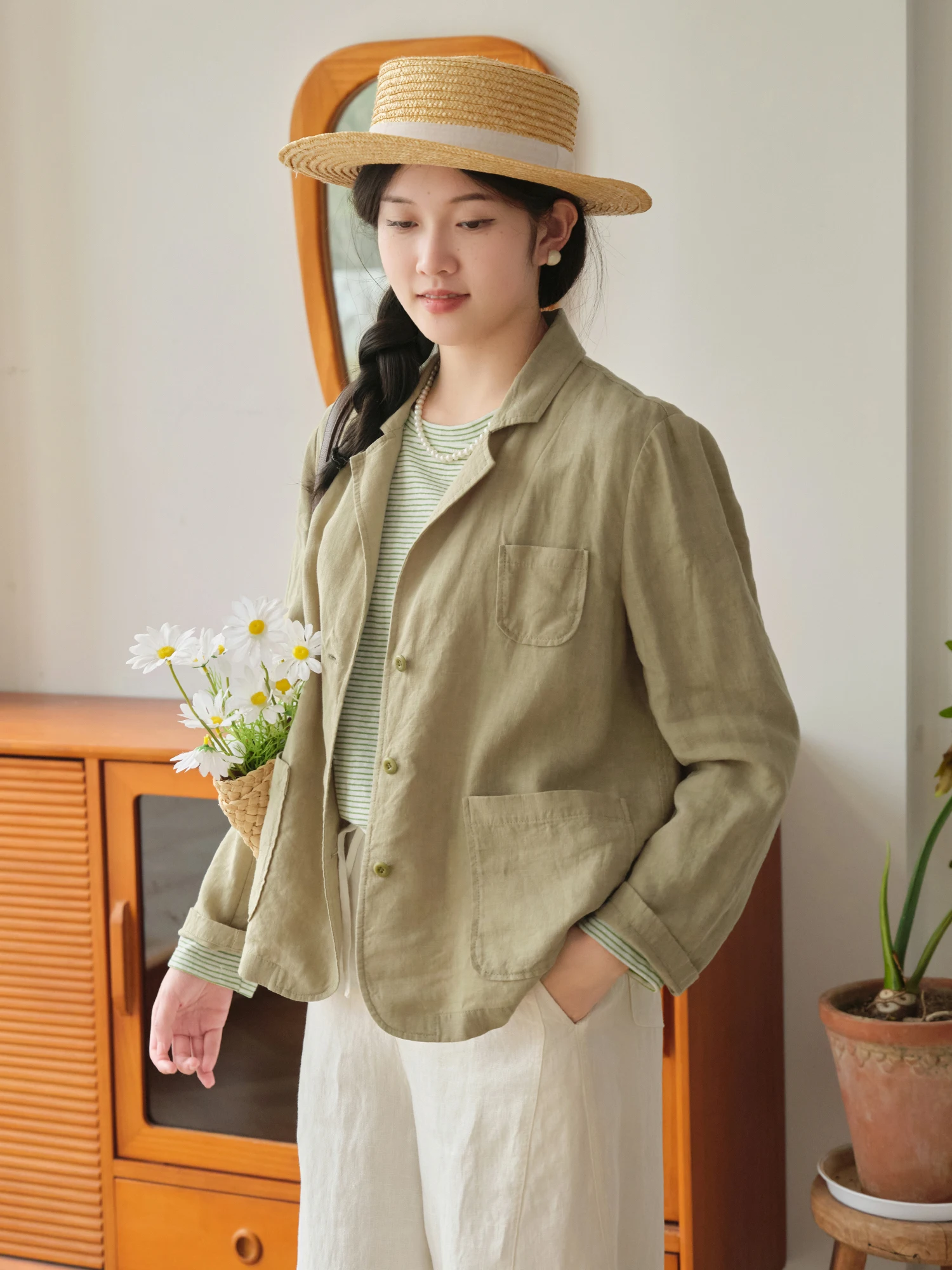 

Casual Linen Suit Jacket Thin Style 14 Pieces Spring New Ladies Fashionable Leisure Coat Button Closure Long Sleeve Stand Collar