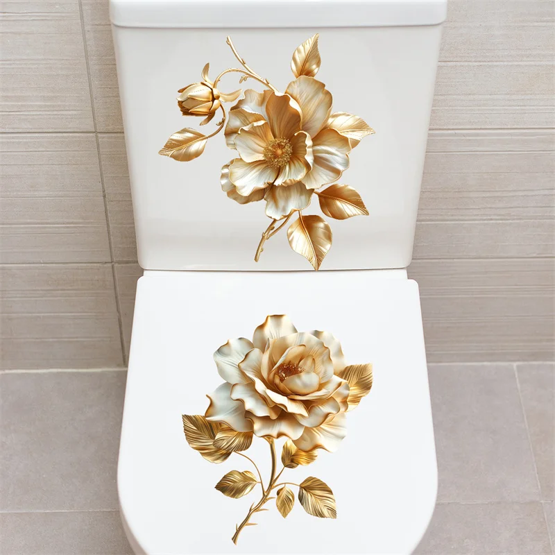 1 Sheet Beautiful Golden Flower Toilet Sticker Bathroom Toilet Cover Decorative Sticker Waterproof Self Adhesive