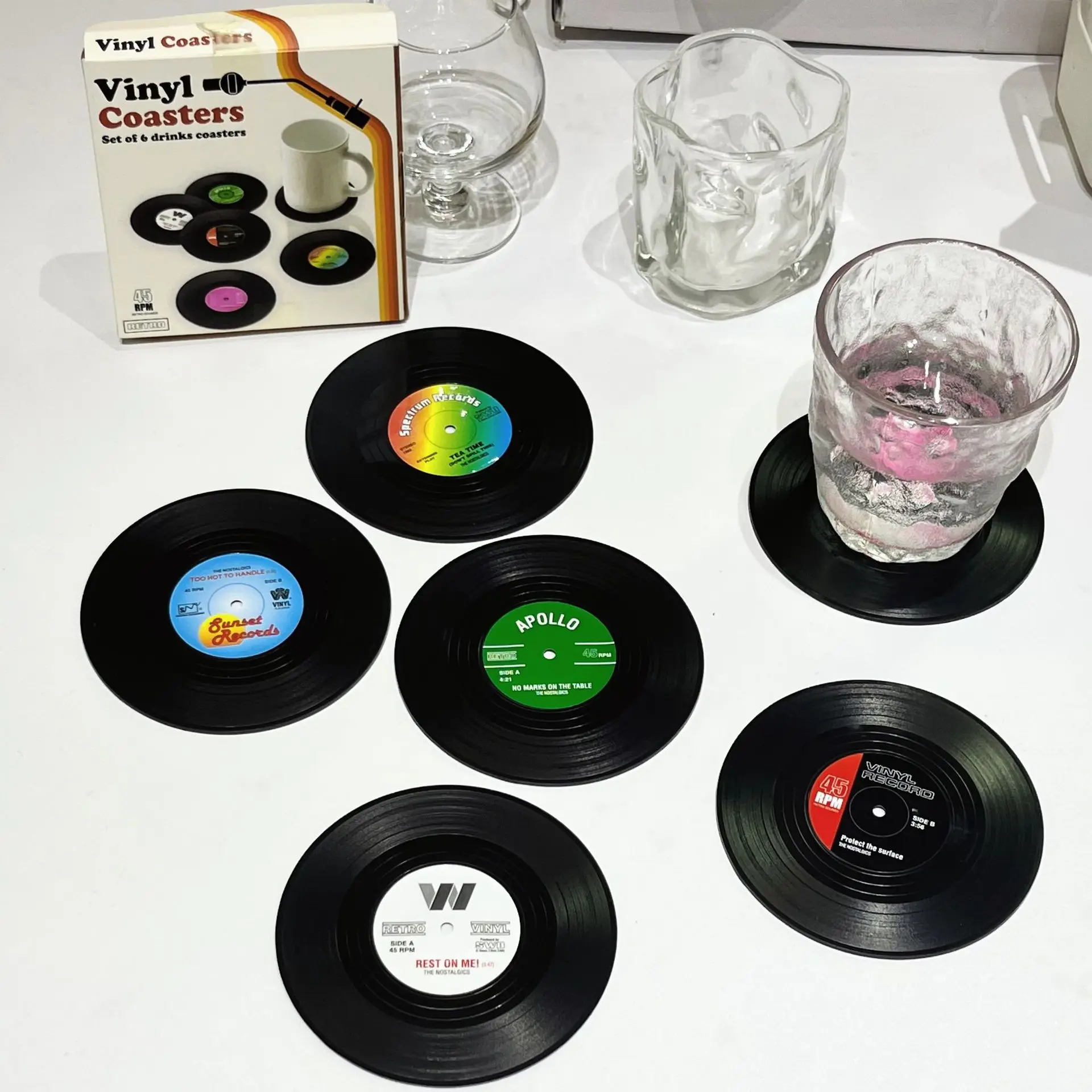 6pc Record Cup Plastic Retro Disk Cup Mat Anti-slip Coffee Coasters Heat Resistant Drink Mug Mat Table Placemat Holder Home Deco image 2