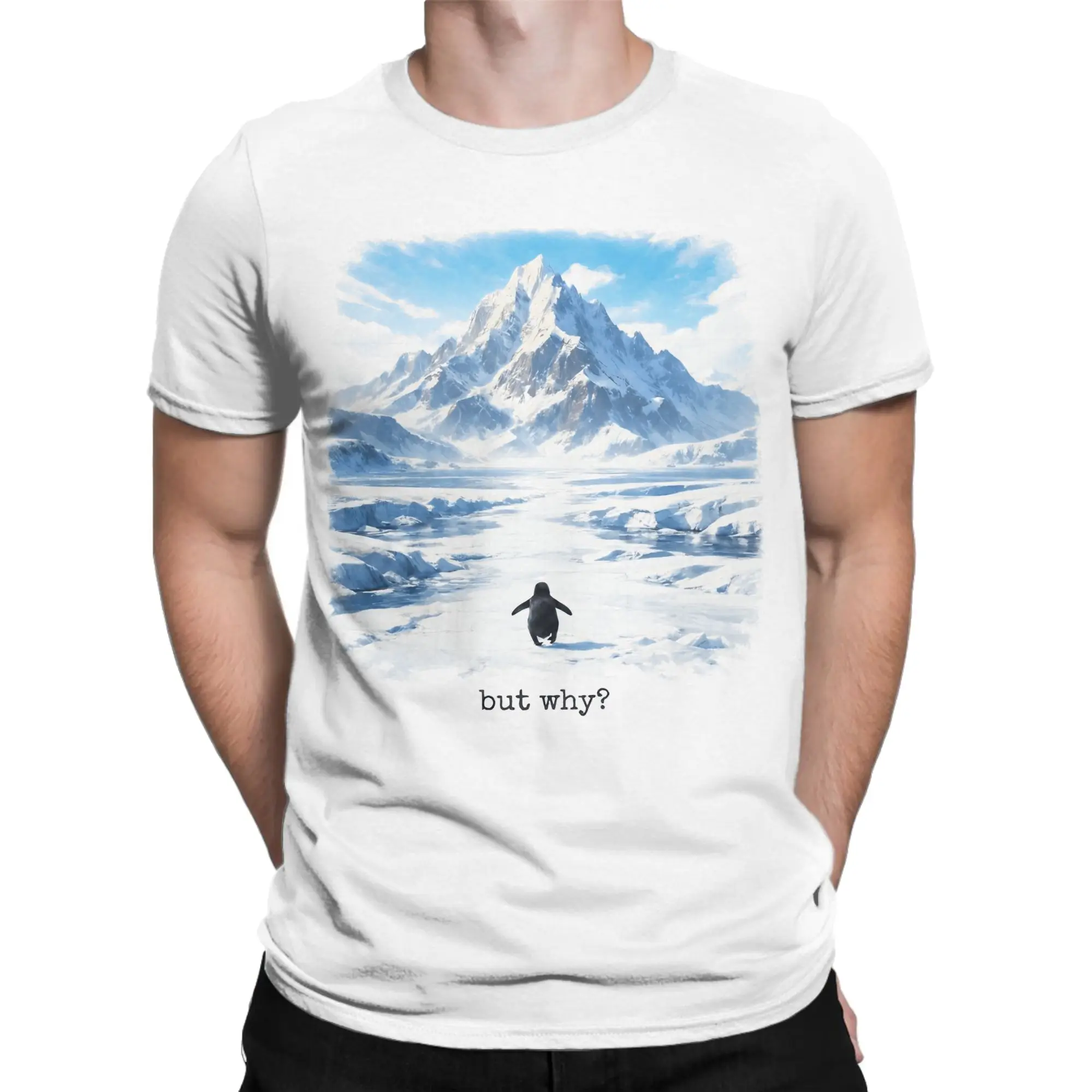 Vintage But why The penguin goes alone T-Shirts Men Round Collar Pure Cotton T Shirt  Short Sleeve Tees Classic Clothing