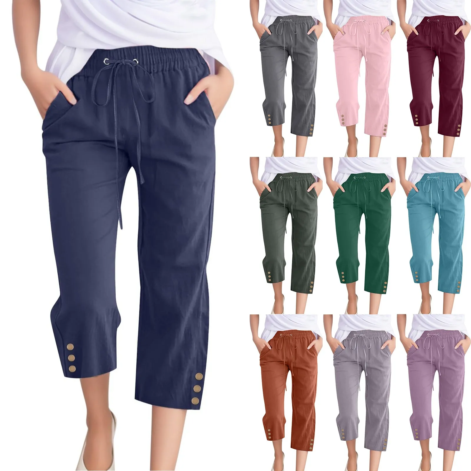 Calça comprida de linho de algodão extragrande feminina, bolsos brancos, calça solta, fundo casual feminino, moda primavera-verão, nova