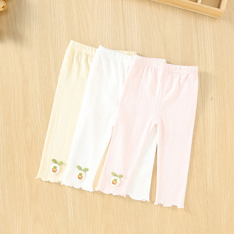 2026 New Summer 1-3Y Childrens Pants Vertical Jacquard Texture Girls Leggings with Lovely 3D Carrot Doll