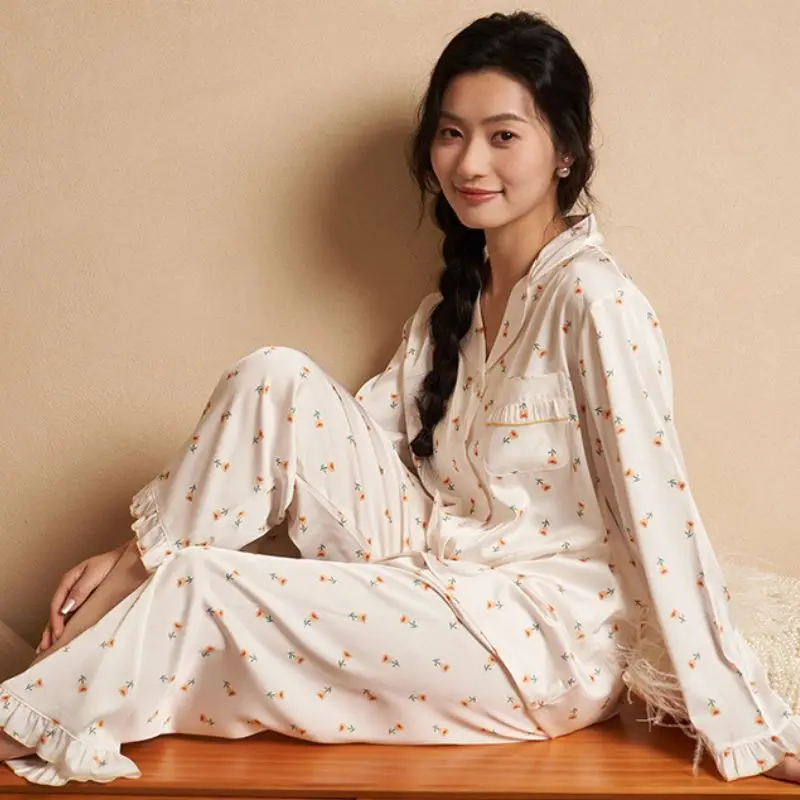 2024 Spring Summer New Ice Silk 2 Pieces Pajamas for Women Cardigan Ruffle Edge Pants Women\'s Pajamas Sweet Printing Loungewear