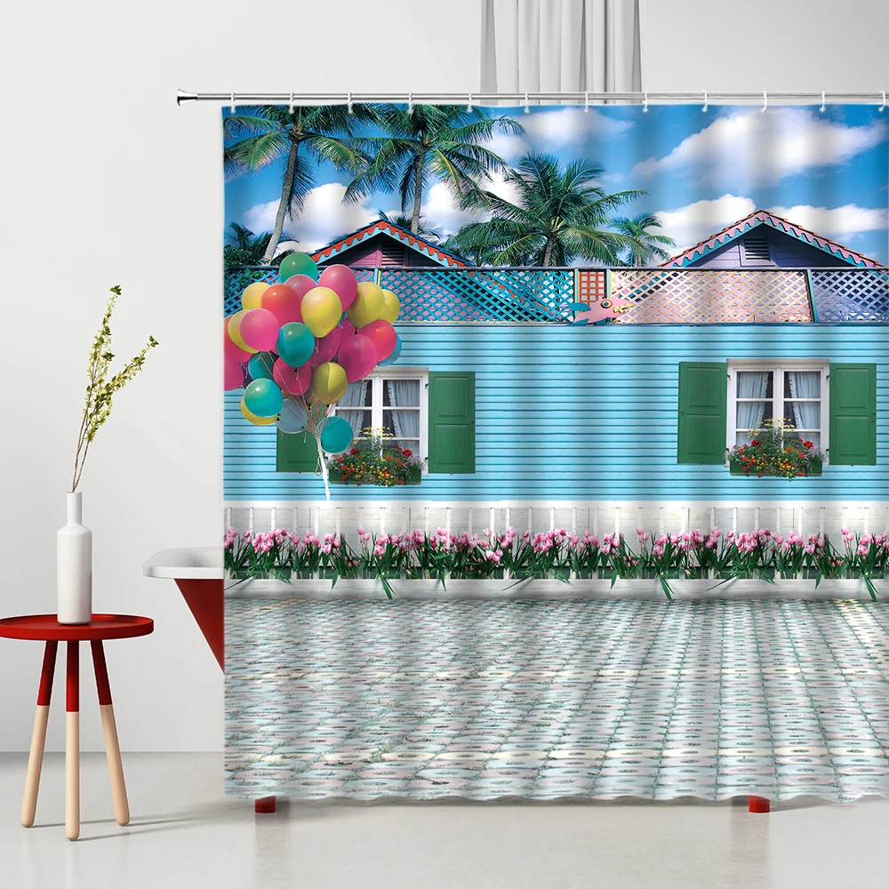 Chinese Style Shower Curtains Wood Grain Wall Flower Coconut Tree Tulip Bathroom Decor Polyester Washable Bath Curtain Cortina