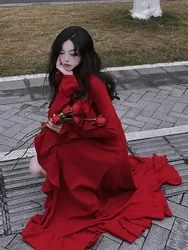 Spring Red Vintage Elegant Dress Women Flare Sleeve Designer Sweet Long Dress Female Ruffles Retro Princess Irregular Dress 2024
