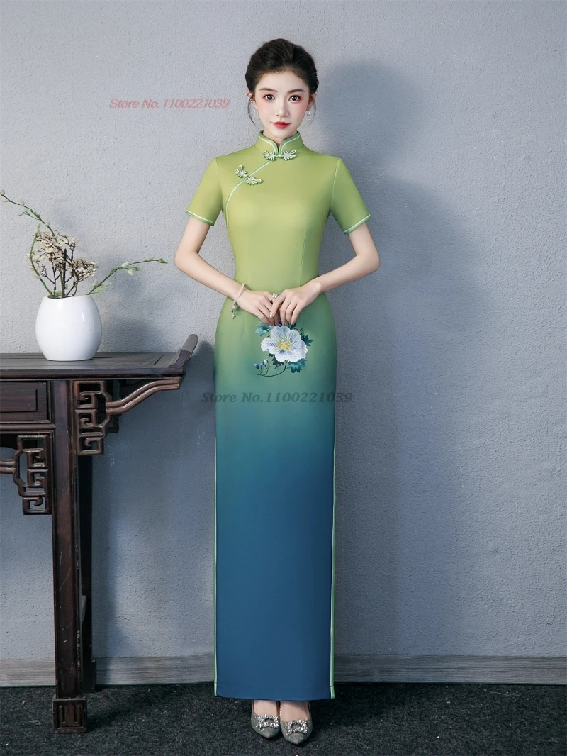 

2026 chinese improved qipao cheongsam dress retro gradient color formal qipao banquet dress stage performance evening dress