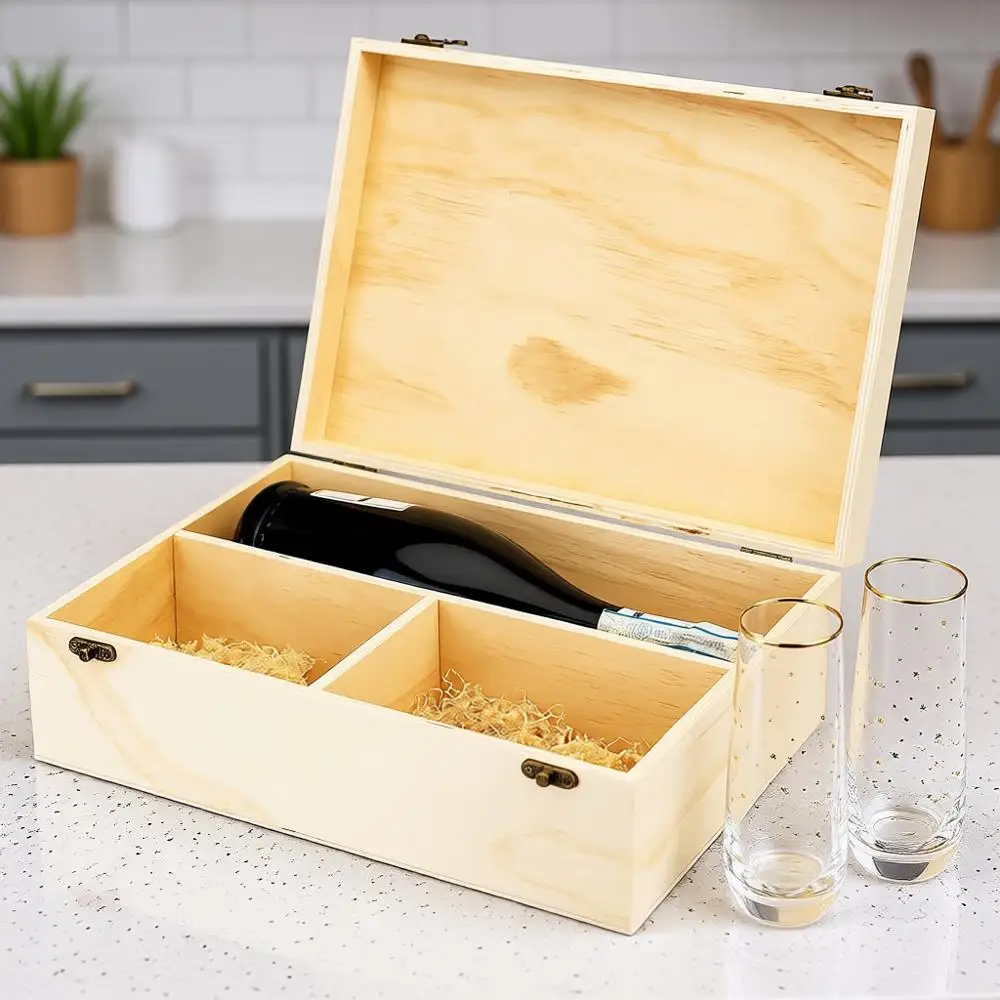 

Деревянная коробка для бутылки шампанского с крышкой и 2 фужерами, вмещает 1 бутылку