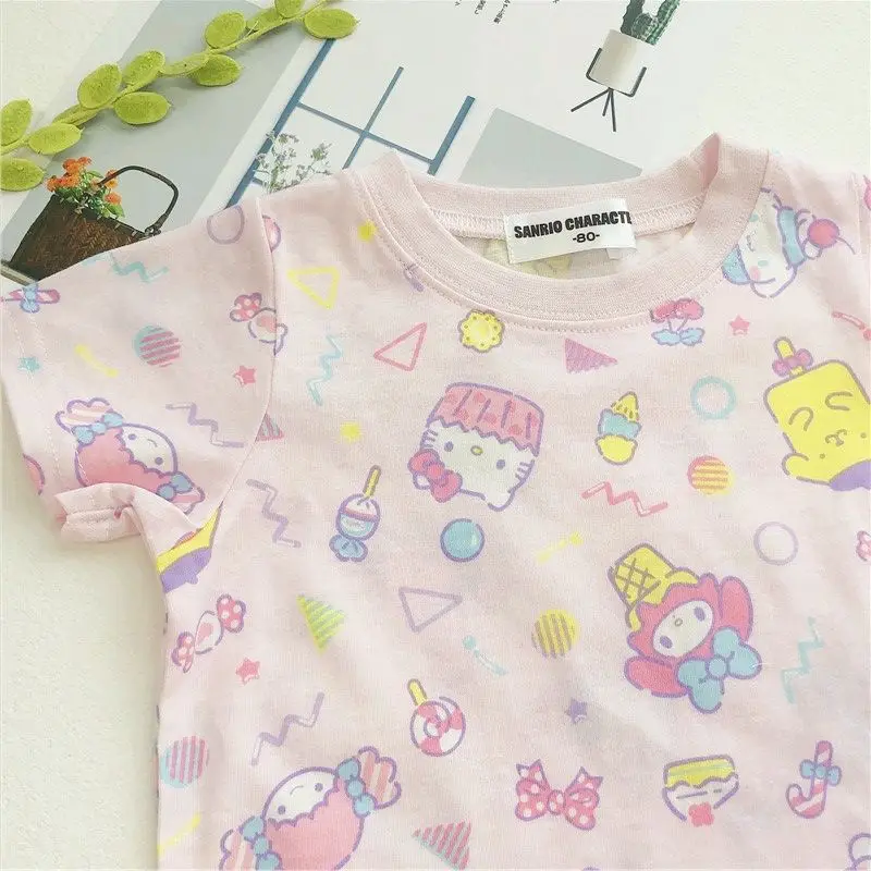 Anime Sanrios Kinder kurz ärmel ige Hallo Kittys Mädchen Cartoon Baumwolle T-Shirt atmungsaktive Mode Tops Sommer dünne Kinder kleidung