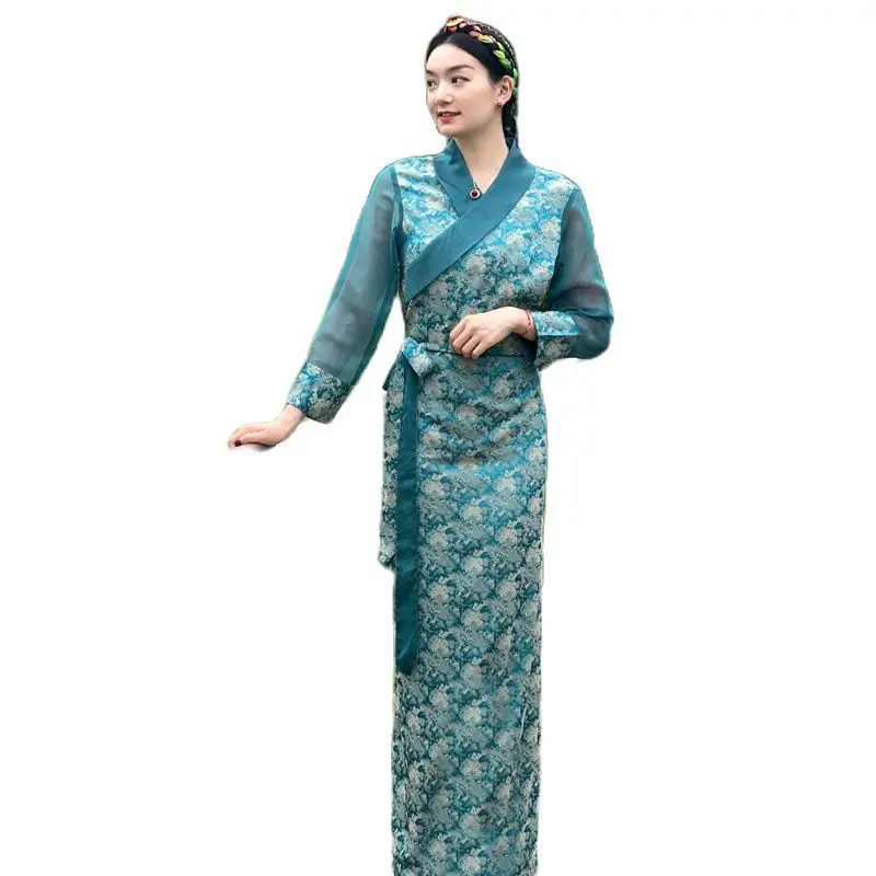 Asian Ethnic Gown Traditional Elegant Robe Summer Vintage Dress Tibetan Female Costume Festival Party Clothing