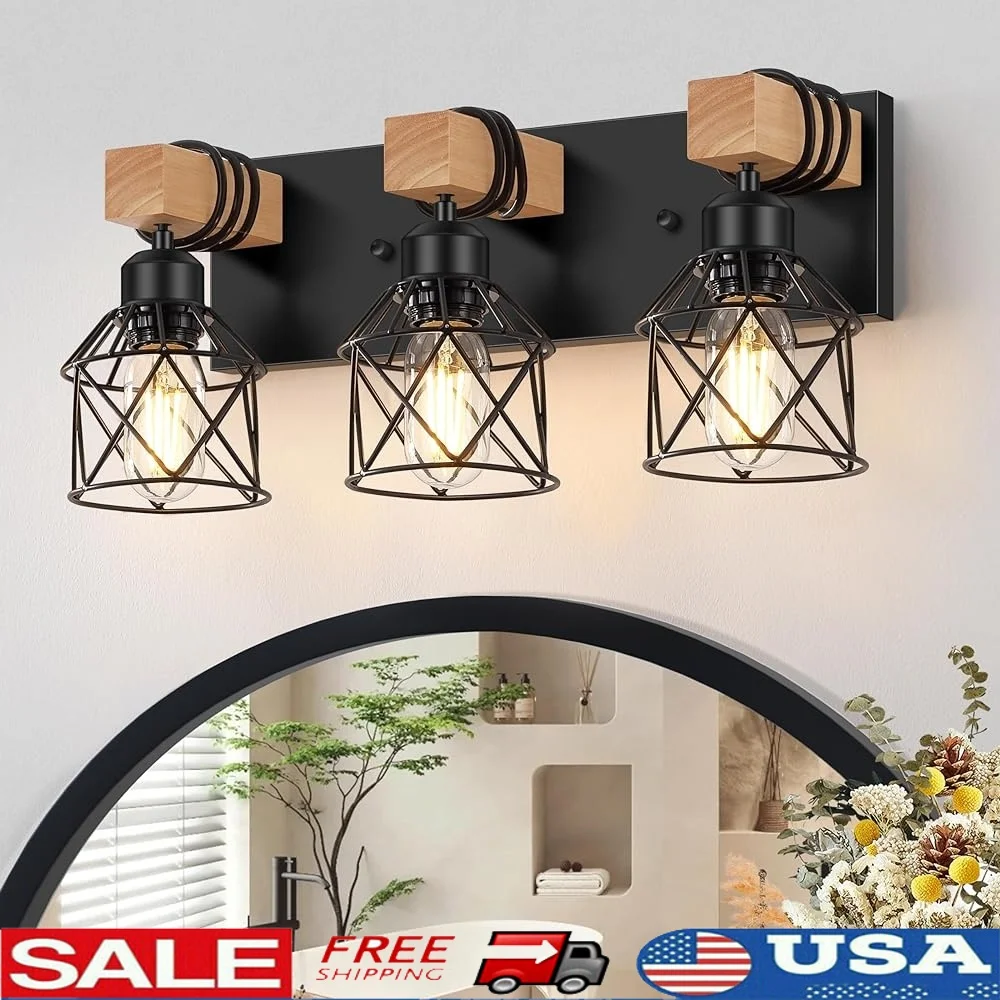 

3-Light Farmhouse Vanity Light Black Metal Wood Bathroom Fixture Over Mirror Industrial Rustic Lighting Living Room Bedroom