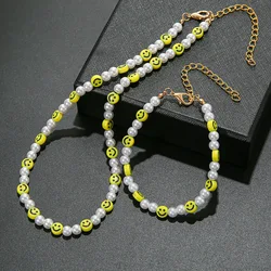 Funny Pearl Smiling Face Necklace Bracelet for Women Men Vitality Colorful Smile Beaded Choker Accessories Fashion Jewelry Sets
