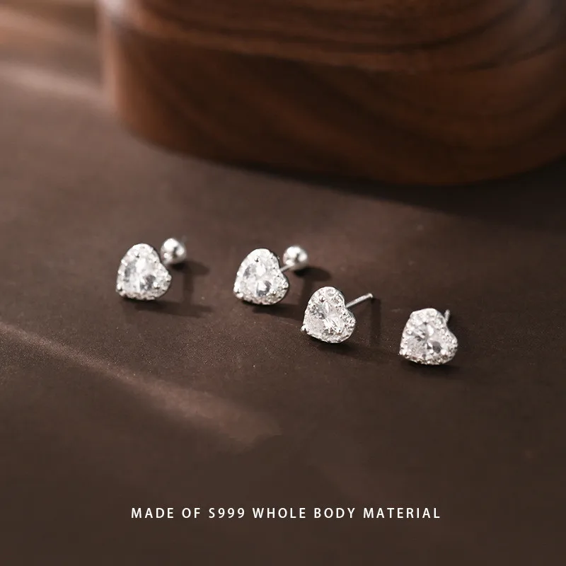 

999 Sterling Silver Sparkling Geometric Heart CZ Stud Earrings For Women Wedding Engagement Fine Jewelry Gifts