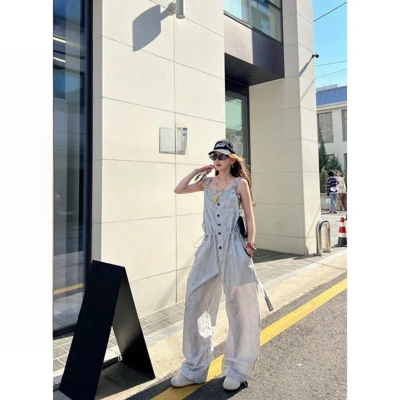 

Lililiwj Early Spring New Style Korean Simple Mixed Grey White Stripes Casual Versatile High-End Feelings Overalls with Straps