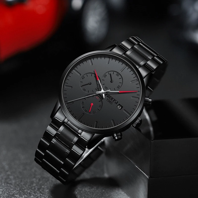 Imagem -03 - Nibosi Preto Homens Relógios Top Marca Relógio de Luxo Homens Impermeável Aço Inoxidável Cronógrafo Quartz Relógio de Pulso Relógios Masculino