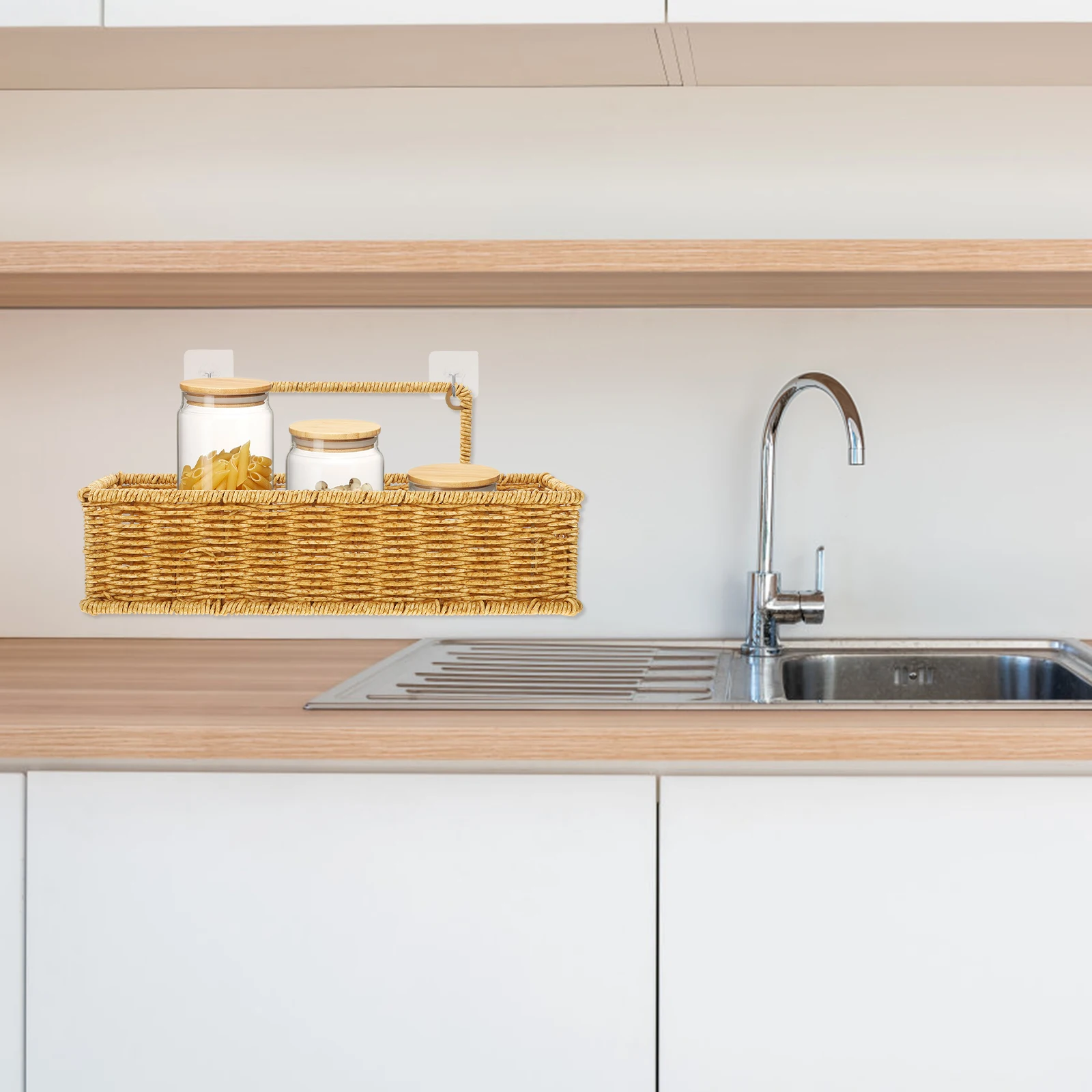 

Imitation Rattan Bathroom Shelf Storage Basket Woven Decorative Kitchen Organizer Single Layer Design Free Hooks No
