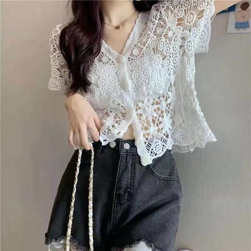 2024 Summer Korean Fashion Minimalist Sweet Style Blouses Loose Short Sleeved Hollow V-neck Solid Color Button Women\'s Shirt Top