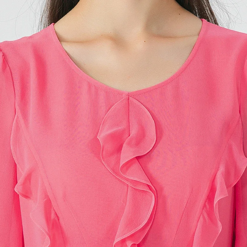 Voa pêssego rosa dupla camada georgette seda o pescoço lanterna mangas compridas vestido babados doce maxi vestidos para mulher outono ae1718