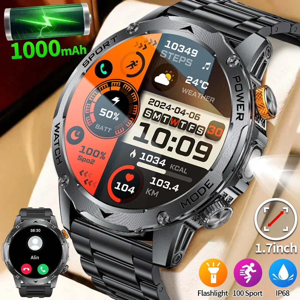 LIGE 2026 New Military Outdoor Sport Smart Watch Men Flashlight IP68 Waterproof 1.7