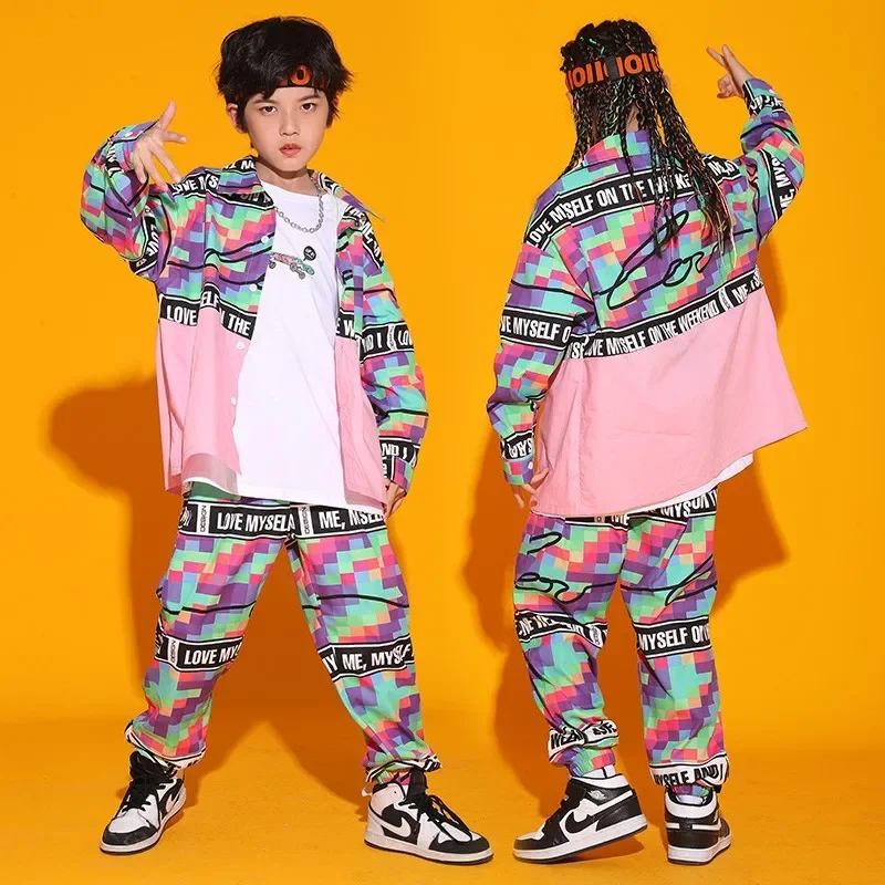 Girl Boy Jazz Dance Costume Clothes Set Kid Cool Hip Hop Clothing Checkered Pink Shirt Top Print Casual Street Jogger Pants