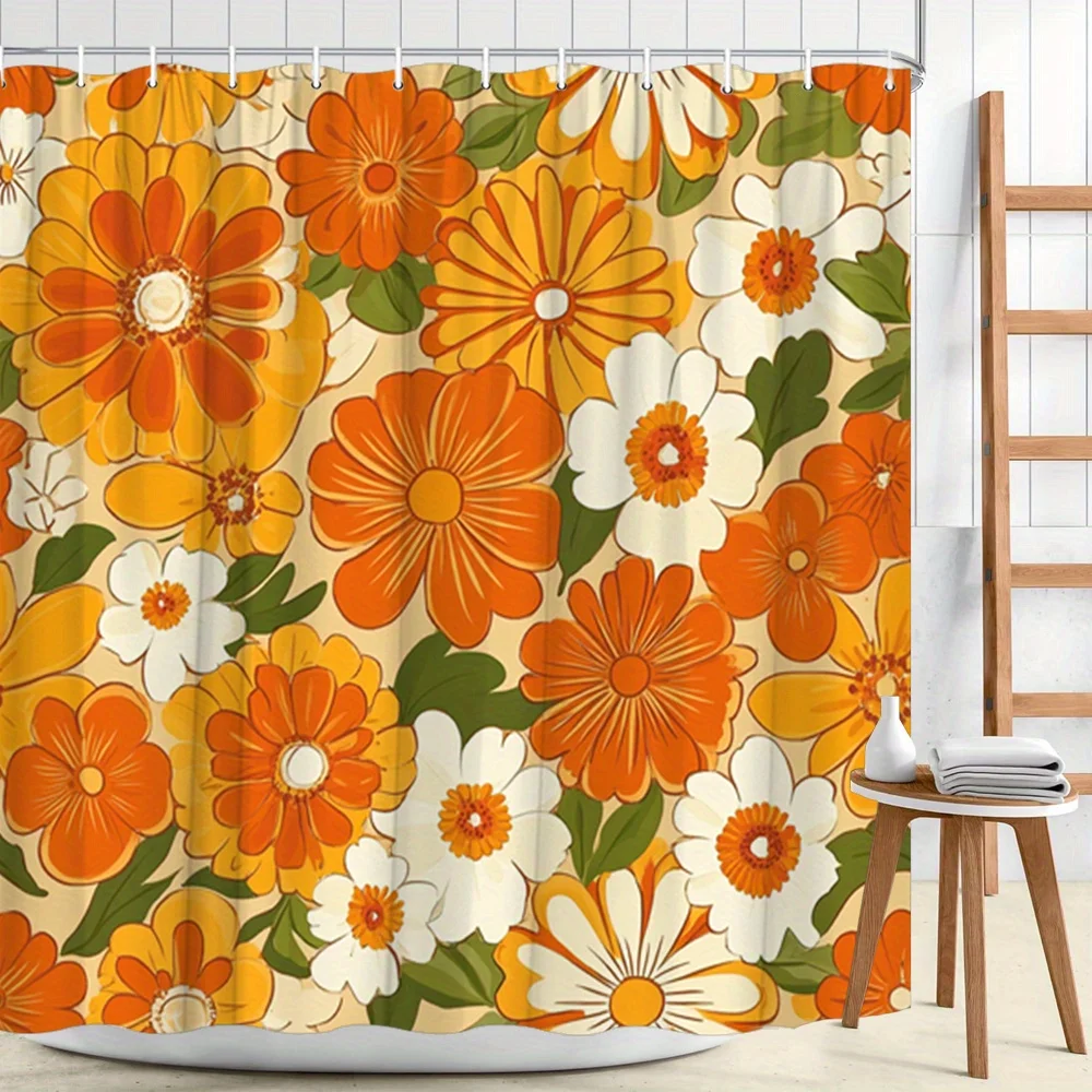 レトロな花柄シャワーカーテン-–-オレンジと白の花柄、ミッドセンチュリー風、2dフラットプリント、ポリエステル、グロメットトップ、71x71インチ