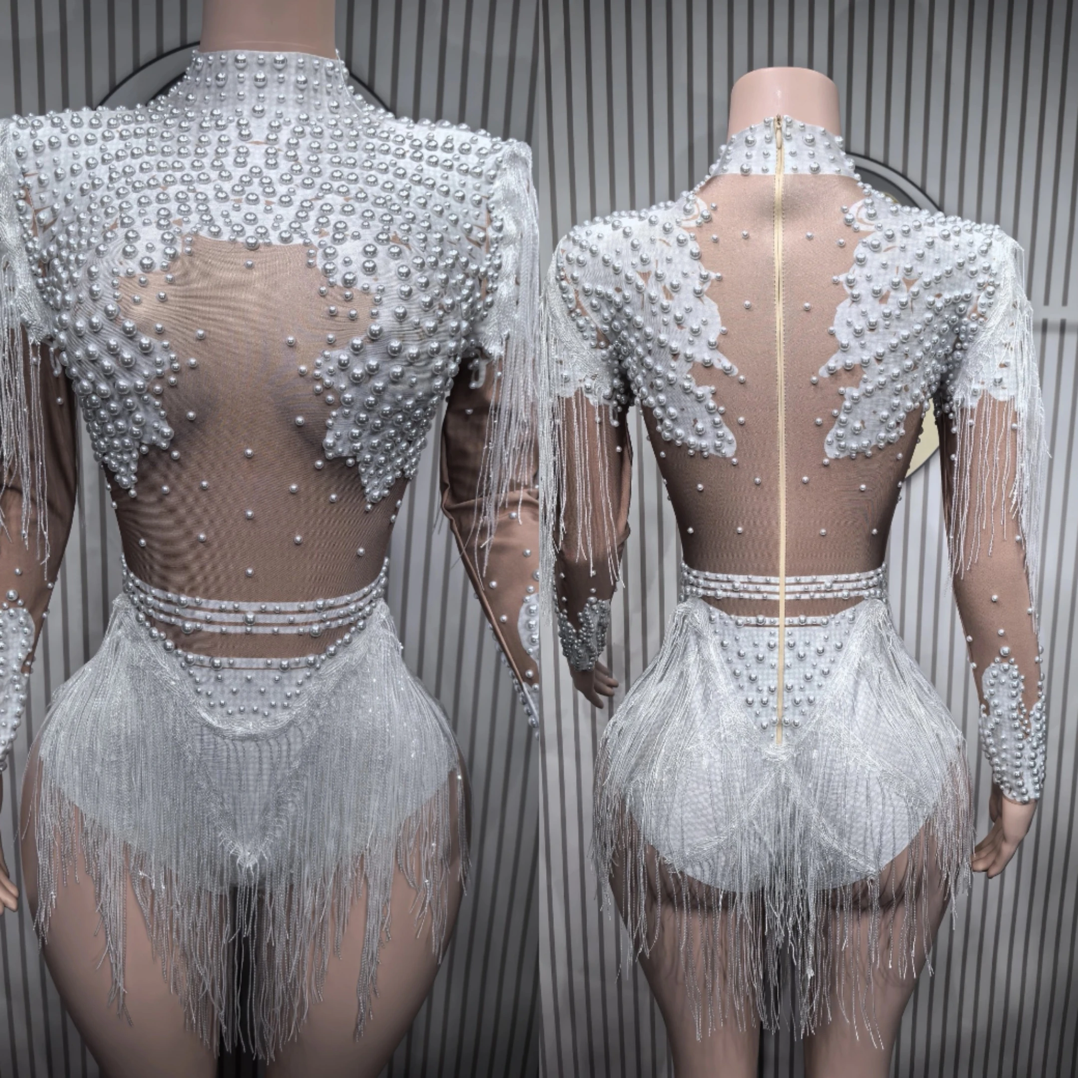 Zilveren strass stretch bodysuits met lange mouwen voor dames sexy avond luxe feest nachtclub toneelkostuum bodysuit