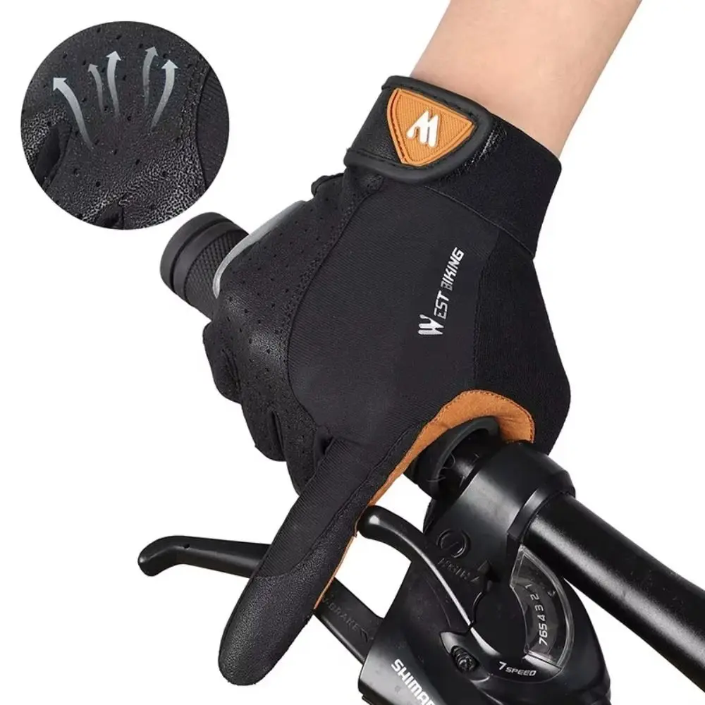 LYCRA PU Leather Motorcycle Riding Gloves Black+Brown Wear-resistant Cycling Gloves Breathable Nonslip Full Finger Mittens