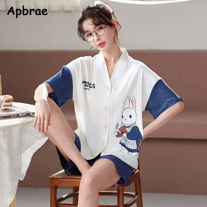 Summer Women Kimono Sleepwear Kawaii Style Pajamas Set Soft Cotton Korean Cardigan Short Sleeve Shorts Nightwear for Young Girls