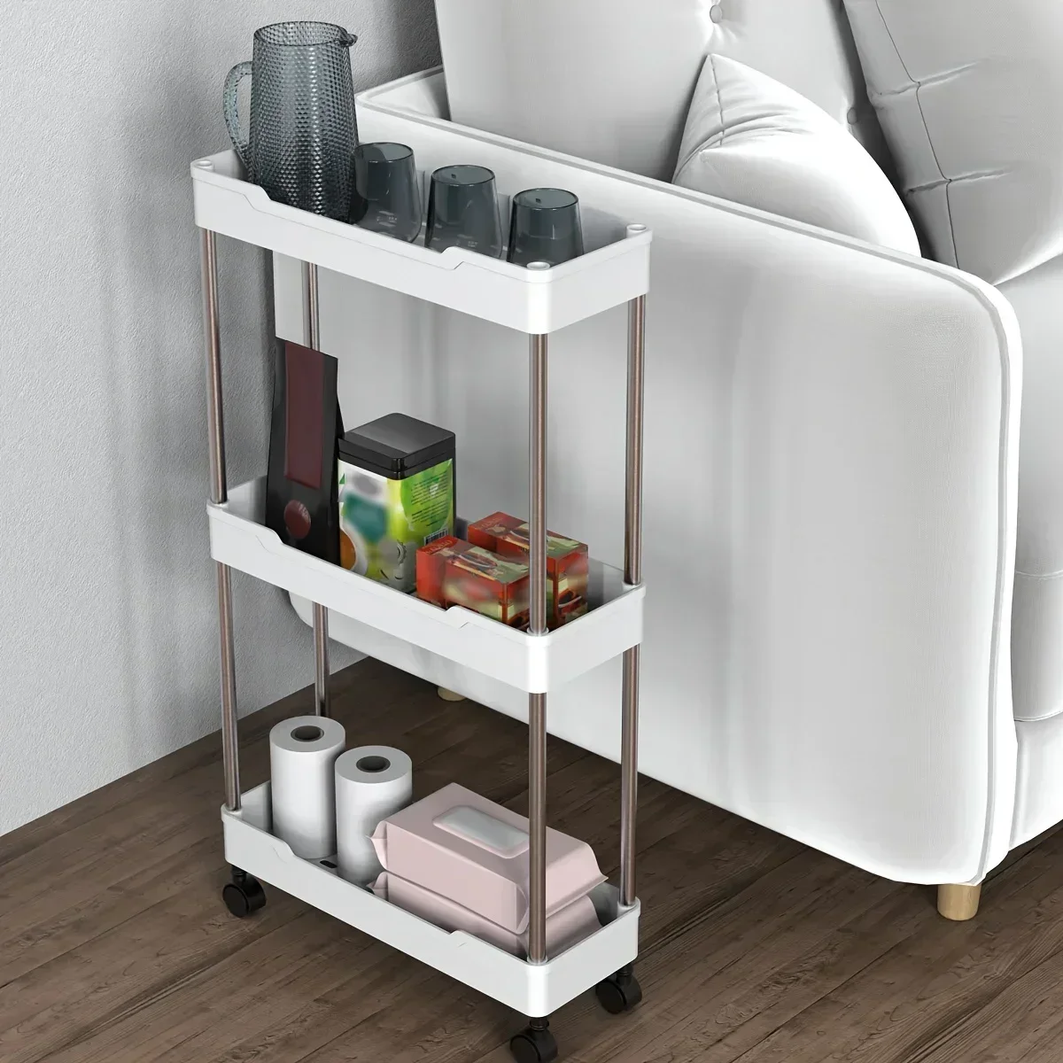 

Storage cart with wheels multi-functional slide track bathroom handcart 3/4 shelf bookcase snack cart kitchen bedroom shelf